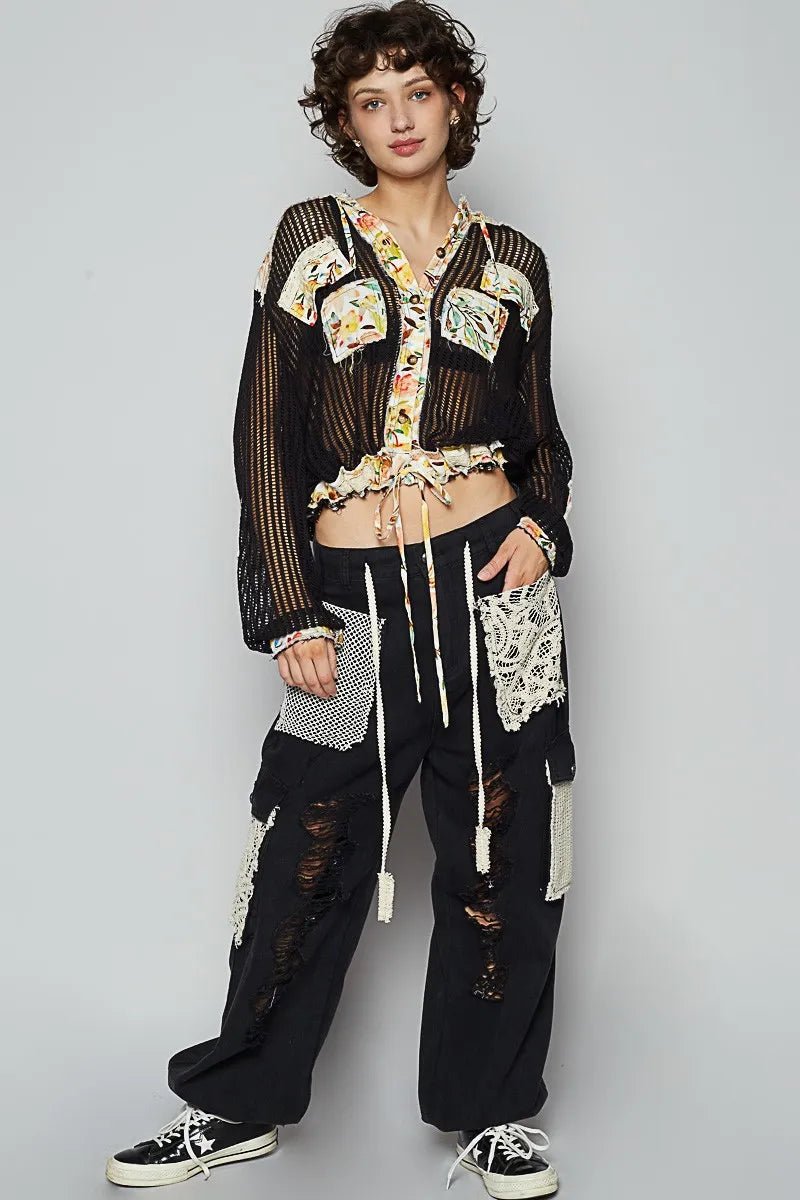 POL Vintage Washed Crochet Hoodie Jacket With Patchwork - Bela Fils BoutiqueBela Fils Boutique